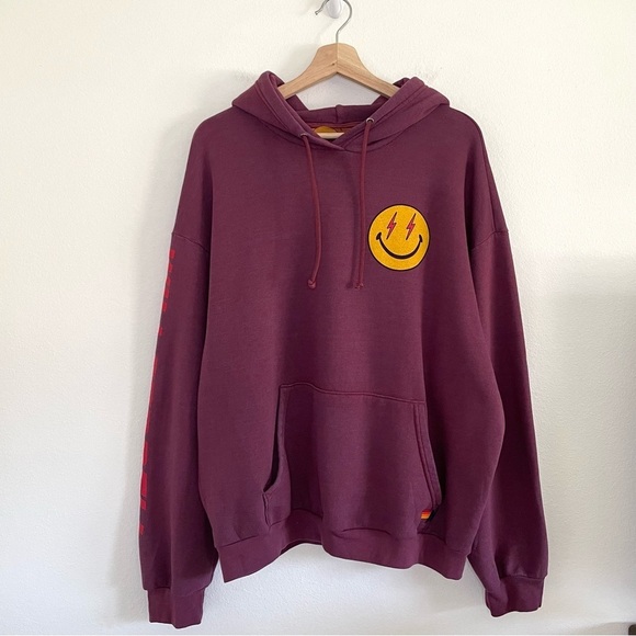 Aviator Nation Will Ferrell Bolt Smiley Relaxed Pullover Hoodie Plum Large - Picture 3 of 12